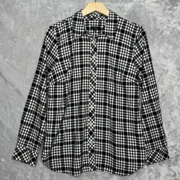 Talbots Shirt Womens Medium Black White Plaid Button Front Long Sleeve Cotton - Picture 1 of 10